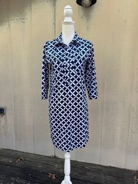 Vineyard Vines Navy and White Geometric Midi Shirt Dress